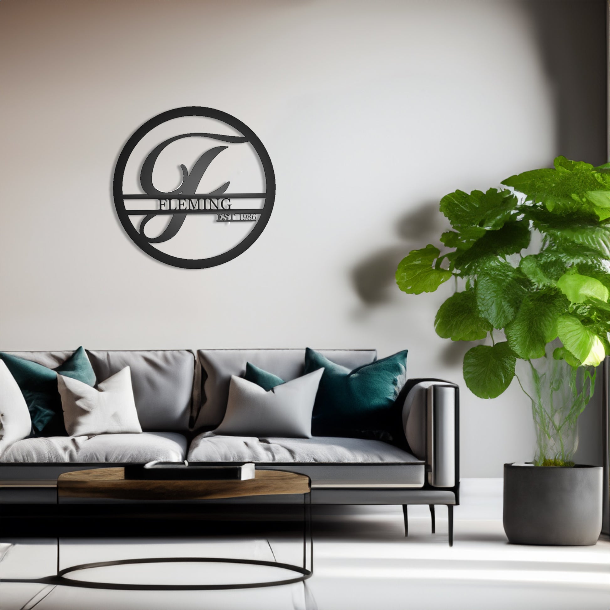 Personalized Round Family Name with Initial & Established Date Metal Sign with "FLEMING" personalization shown on a wall in a modern design family room