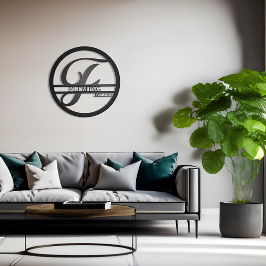 Personalized Round Family Name with Initial & Established Date Metal Sign with "FLEMING" personalization shown on a wall in a modern design family room