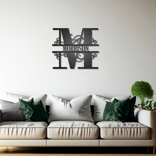 Scroll Monogram Family Name Sign M with "MORRISON" personalization shown on a wall in a family room