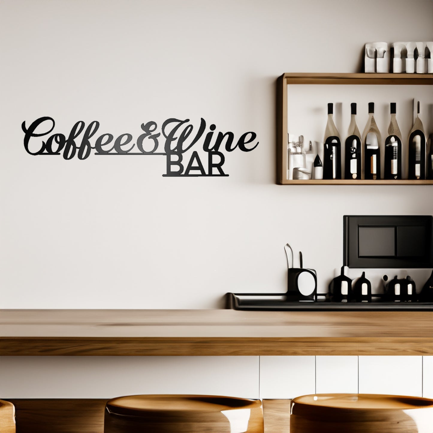 Coffee & Wine Bar Script Metal Sign on a wall in a modern design kitchen