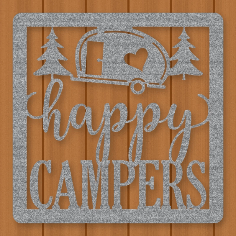 Happy Campers Square Metal Sign Raw Steel / Rust animated finish preview Shopify Ready.