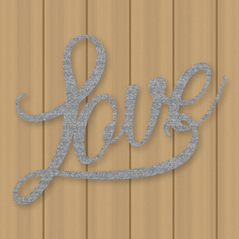 Love Script Metal Sign Raw Steel / Rust animated finish preview Shopify Ready.