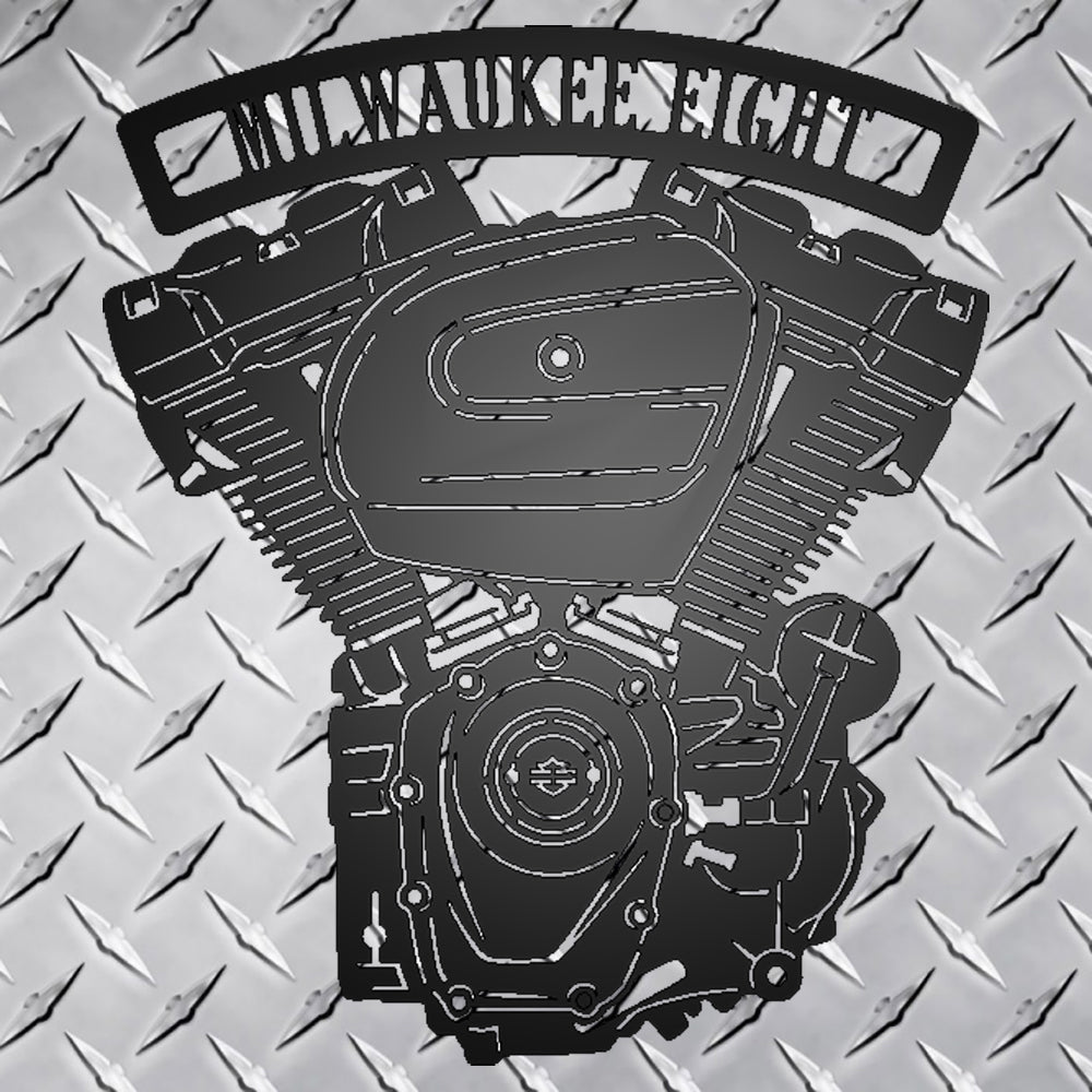 Milwaukee Eight Engine Metal Garage Sign shown on a metal diamond plate background
