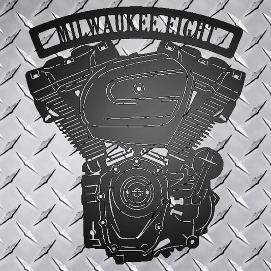 Milwaukee Eight Engine Metal Garage Sign shown on a metal diamond plate background
