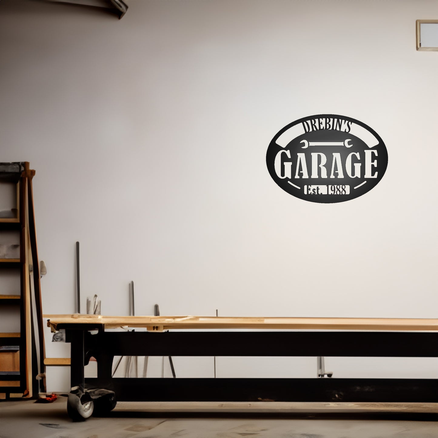 Personalized Pop's Garage Metal Sign with "DREBIN'S 1988" personalization shown on a wall in a garage