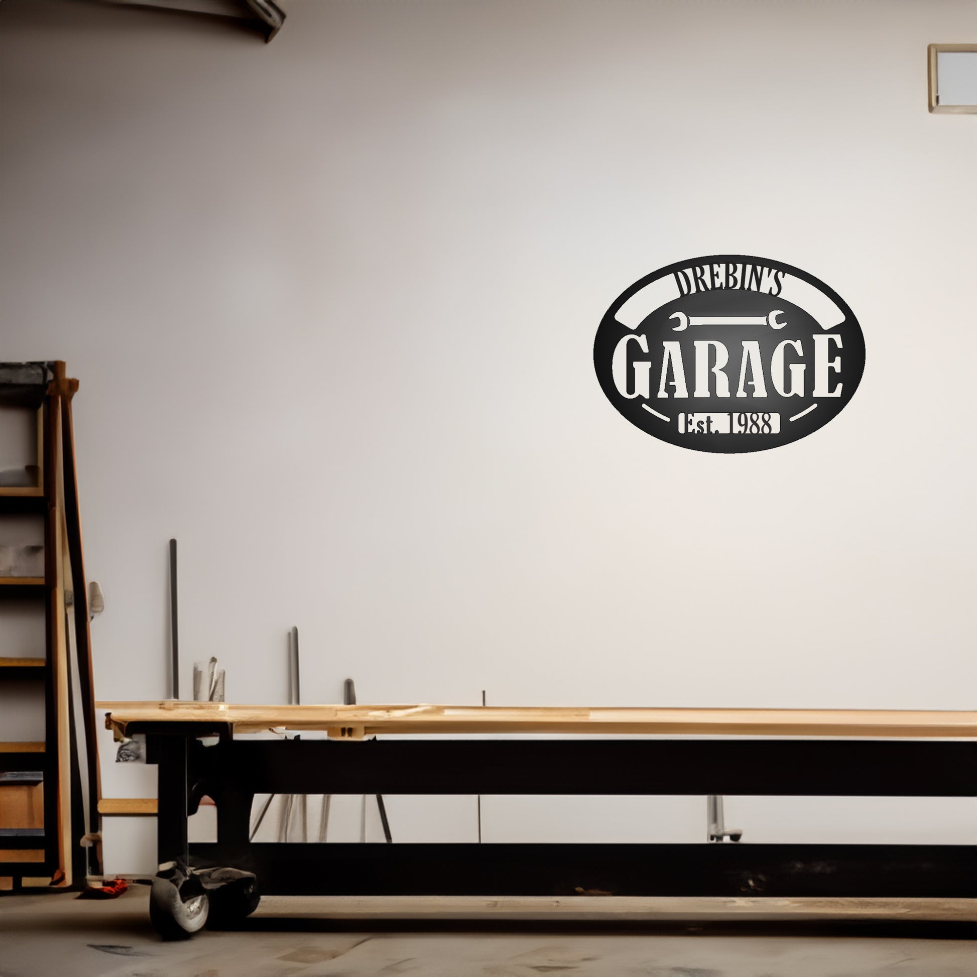 Personalized Pop's Garage Metal Sign with "DREBIN'S 1988" personalization shown on a wall in a garage