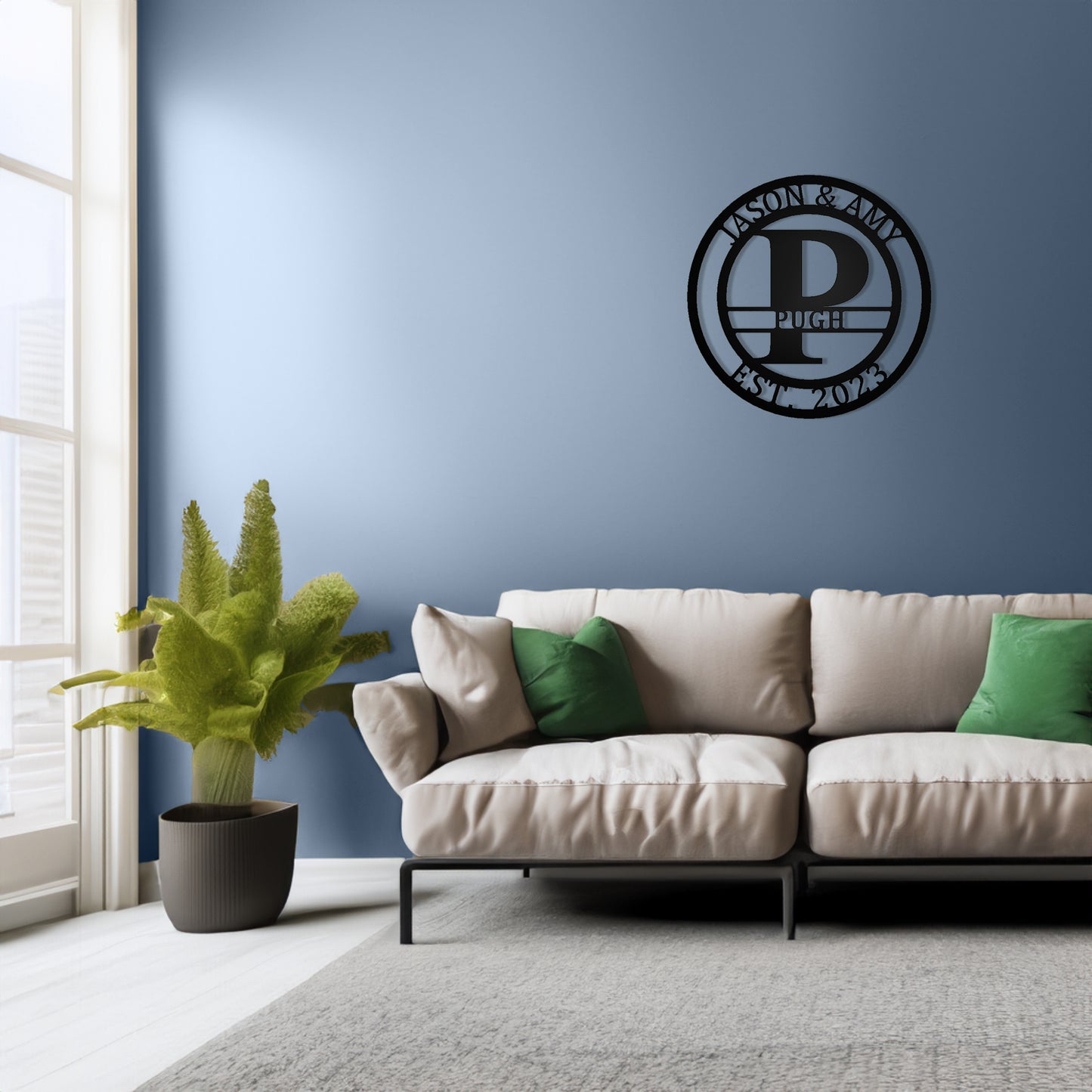 Round Monogram with Top Personalization and EST Date with "JASON & AMY PUGH 2023" personalization on living room wall