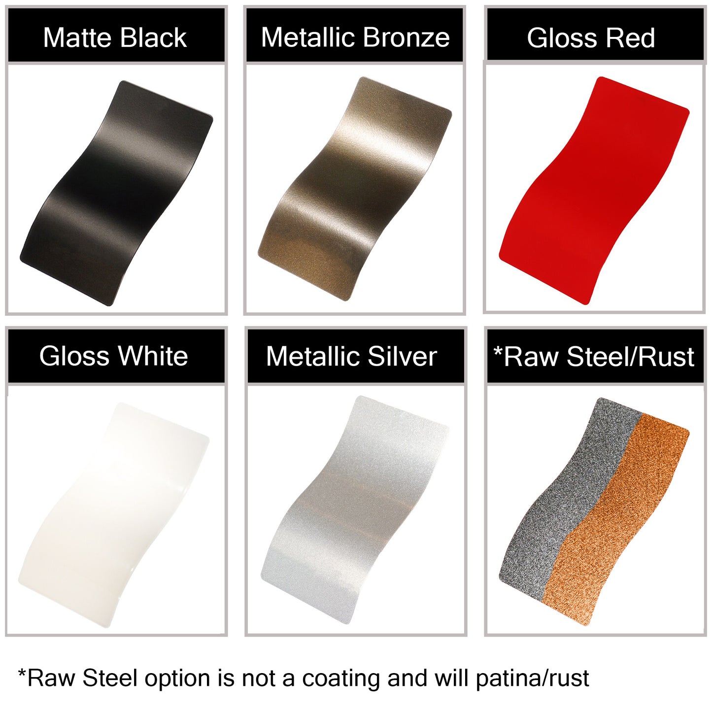 Metal Sign Powder Coat Color Examples and Raw Steel/Rust option