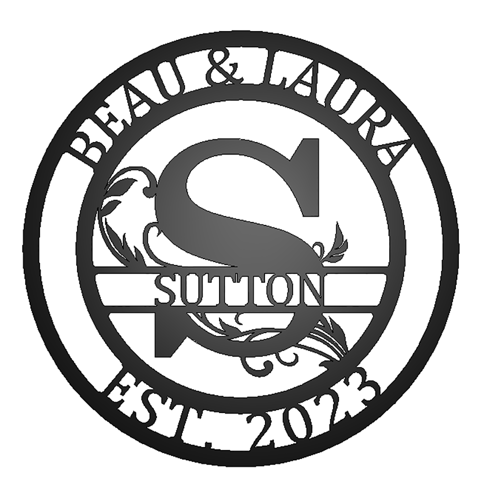 Round Scroll Monogram with Top Personalization and EST Date with "BEAU & LAURA SUTTON 2023" personalization