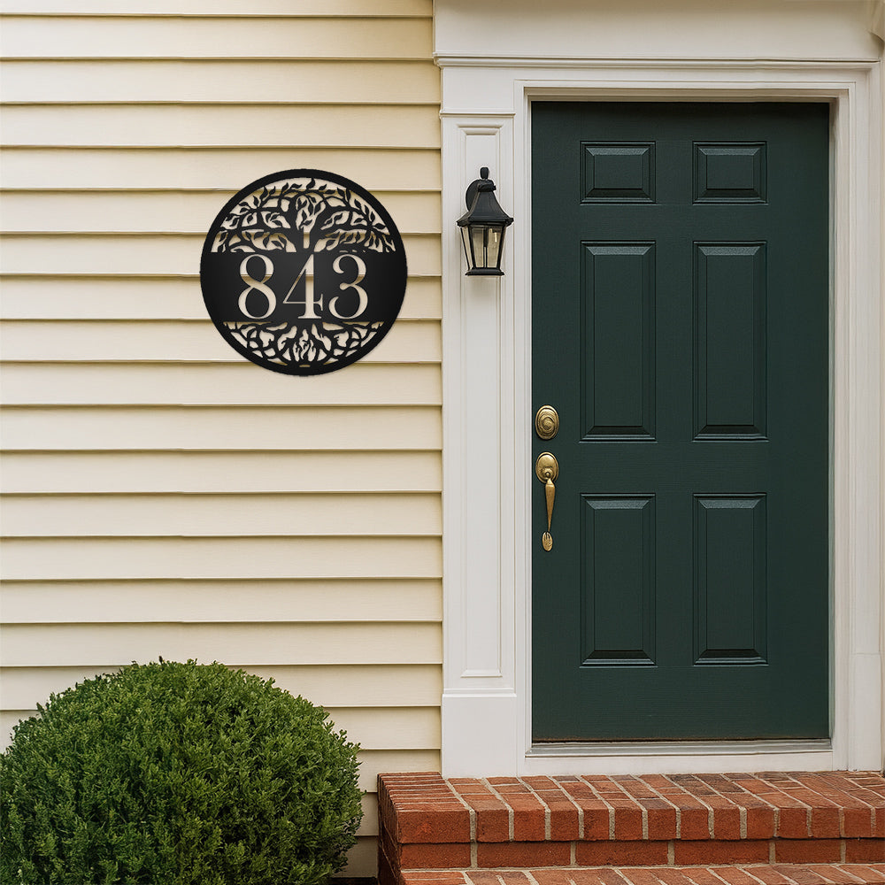 Personalized Tree Of Life Round Metal Address Sign – Indoor/Outdoor Custom Steel House Number
