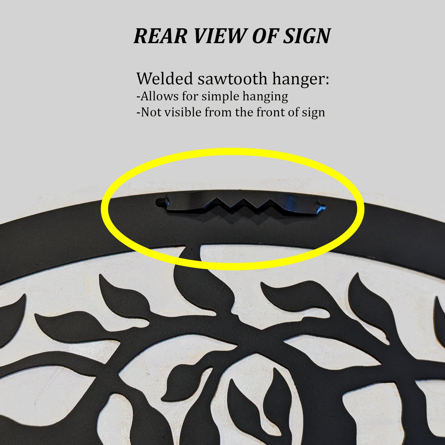 Tree of Life Metal Sign rear welded sawtooth hanger detail
