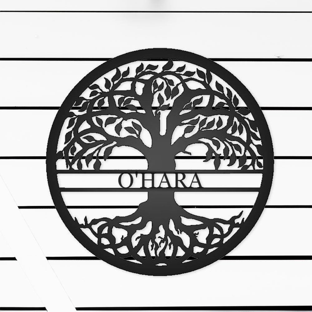 Tree of Life with Personalized Name Metal Sign with "O'HARA" personalization on white batten background