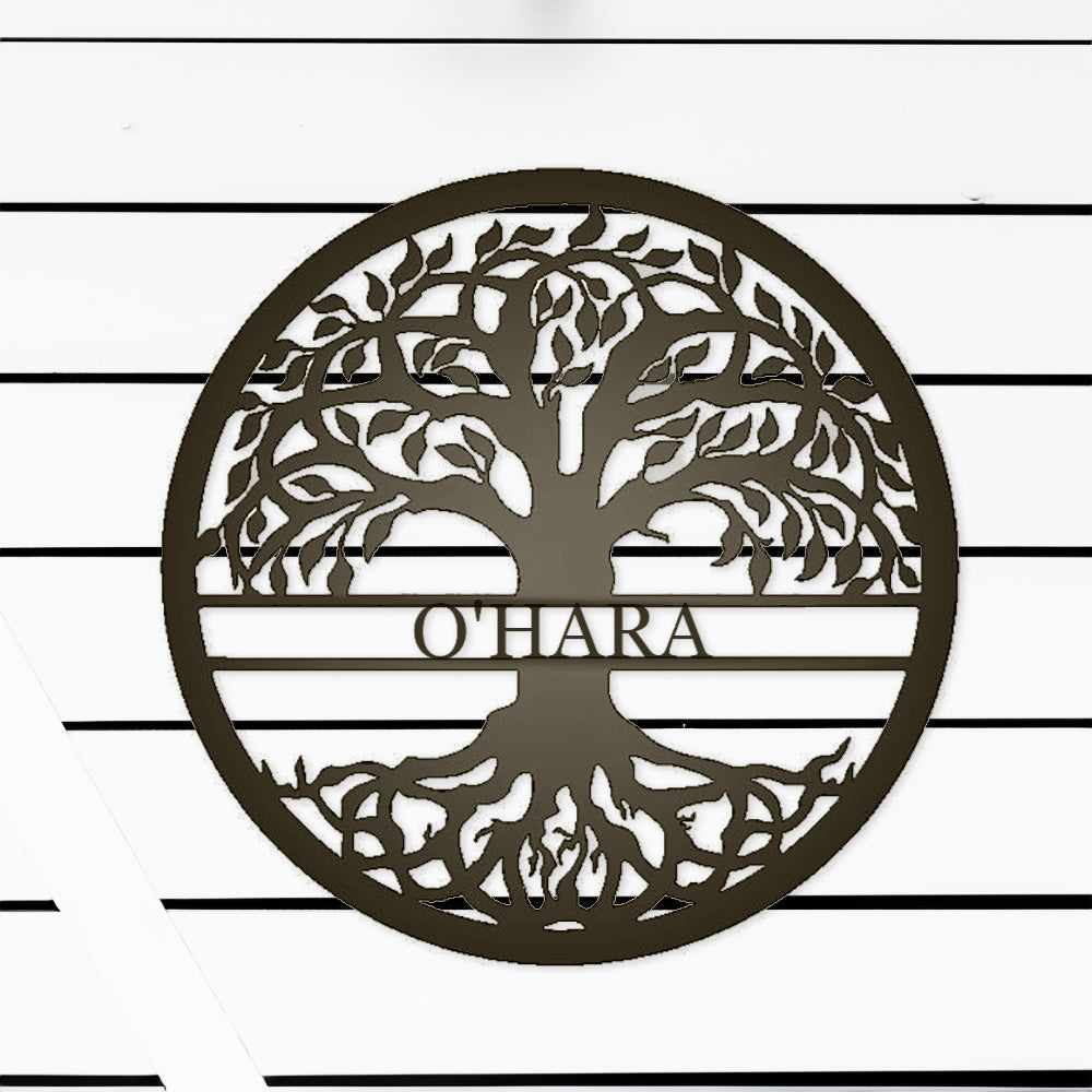 Tree of Life with Personalized Name Metal Sign Bronze with "O'HARA" personalization on white batten background
