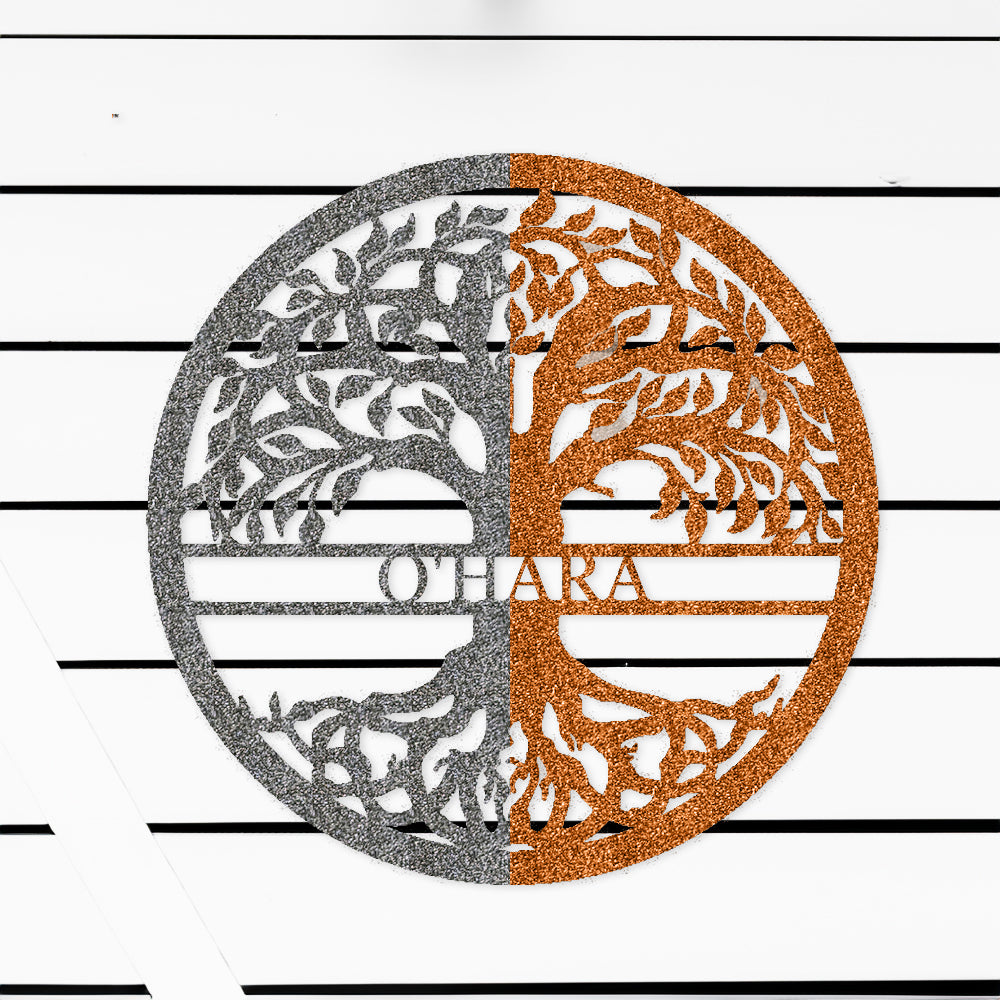 Tree of Life with Personalized Name Metal Sign Raw Steel/Rust with "O'HARA" personalization on white batten background