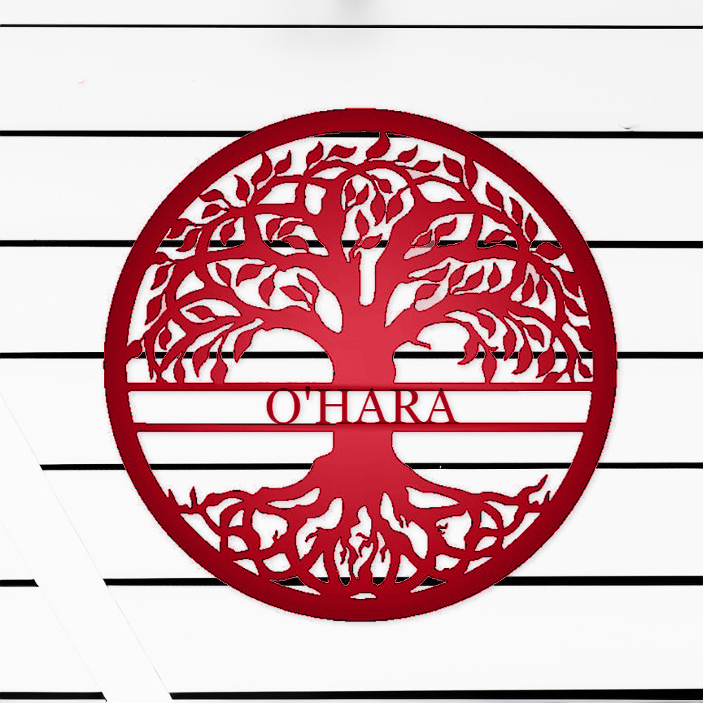 Tree of Life with Personalized Name Metal Sign Red with "O'HARA" personalization on white batten background