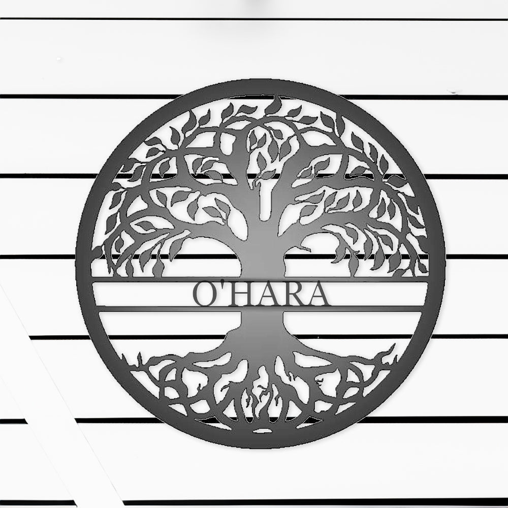 Tree of Life with Personalized Name Metal Sign Silver with "O'HARA" personalization on white batten background