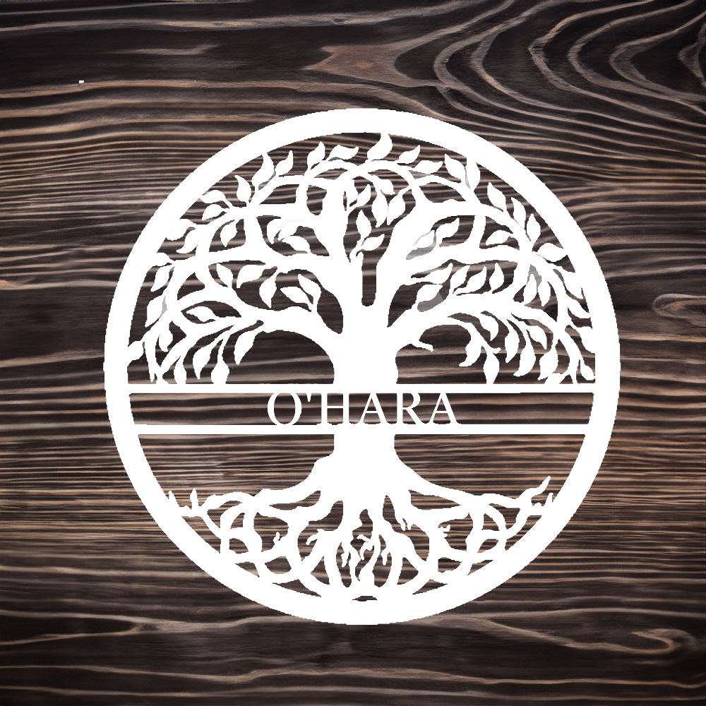 Tree of Life with Personalized Name Metal Sign White with "O'HARA" personalization on dark wood background