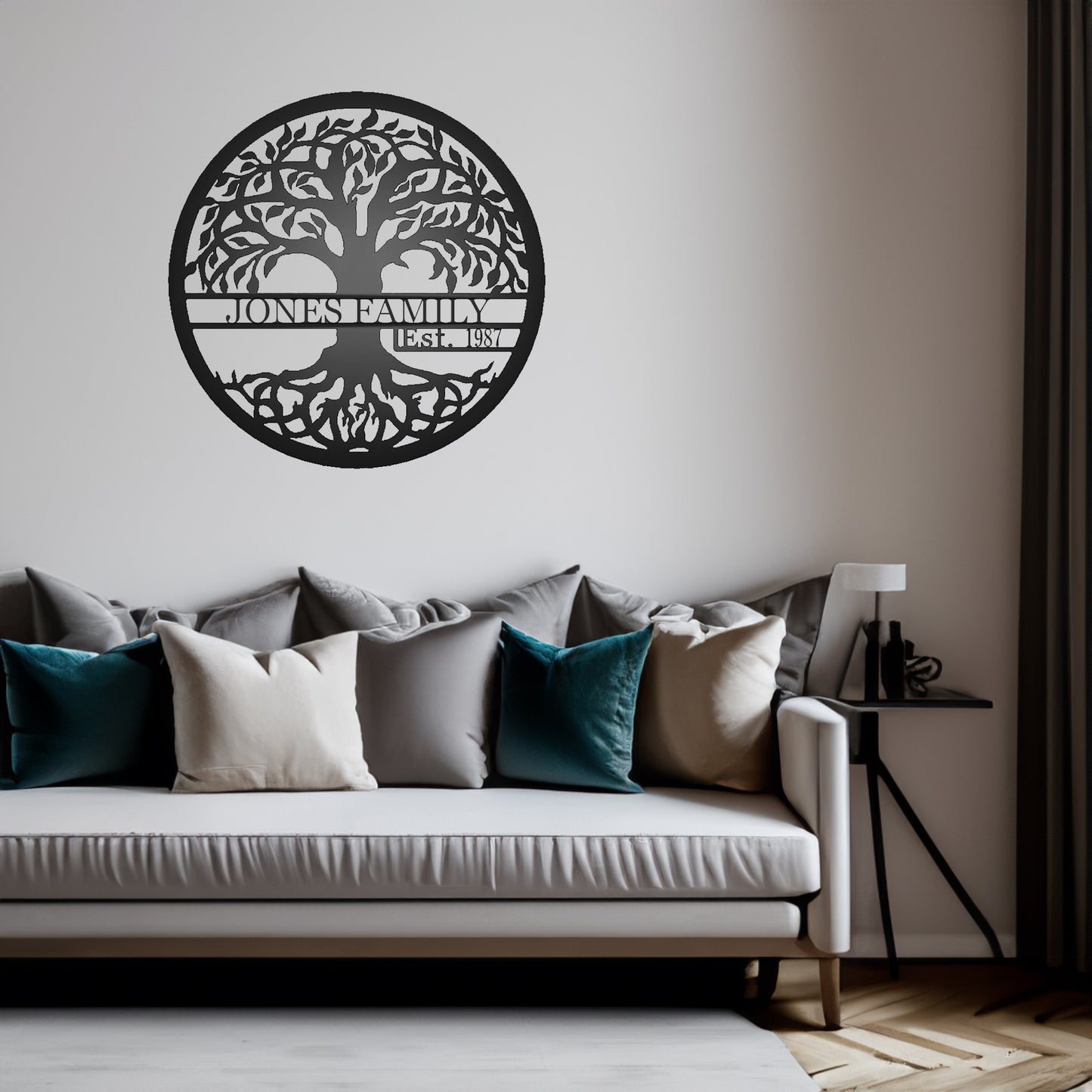 Tree of Life with Established Date Personalized Name Metal Sign with "JONES FAMILY 1987" personalization shown on a wall in a living room