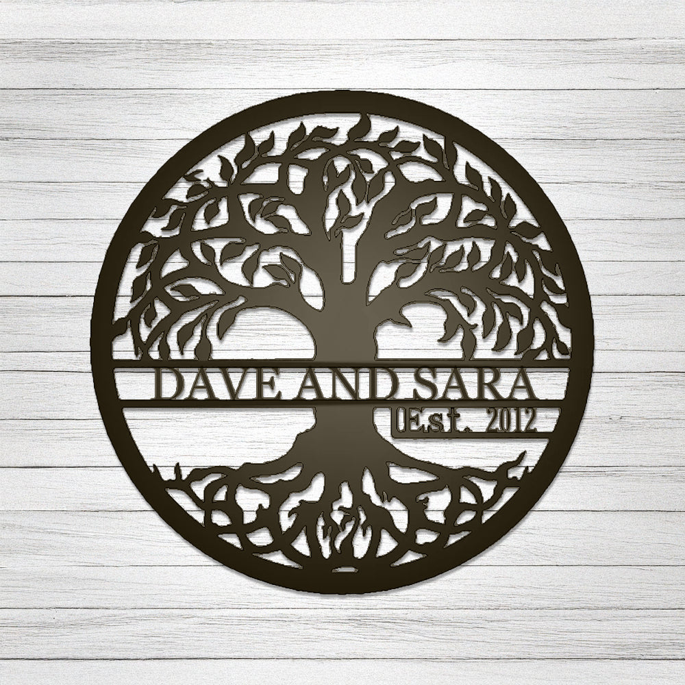 Tree of Life with Established Date Personalized Name Metal Sign Bronze with "DAVE AND SARA 2012" personalization on gray wood plank background