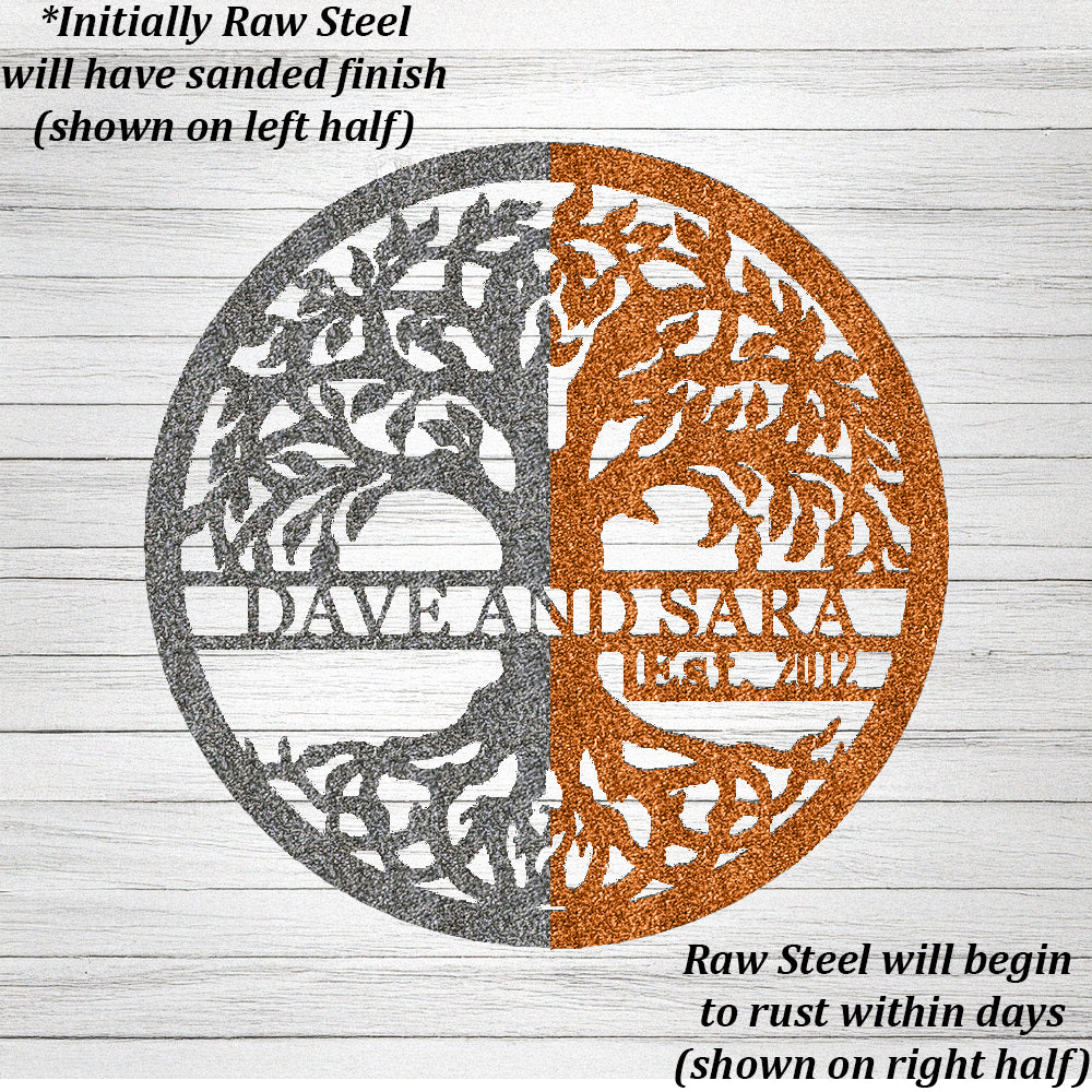 Tree of Life with Established Date Personalized Name Metal Sign Raw Steel with "DAVE AND SARA 2012" on gray wood plank background