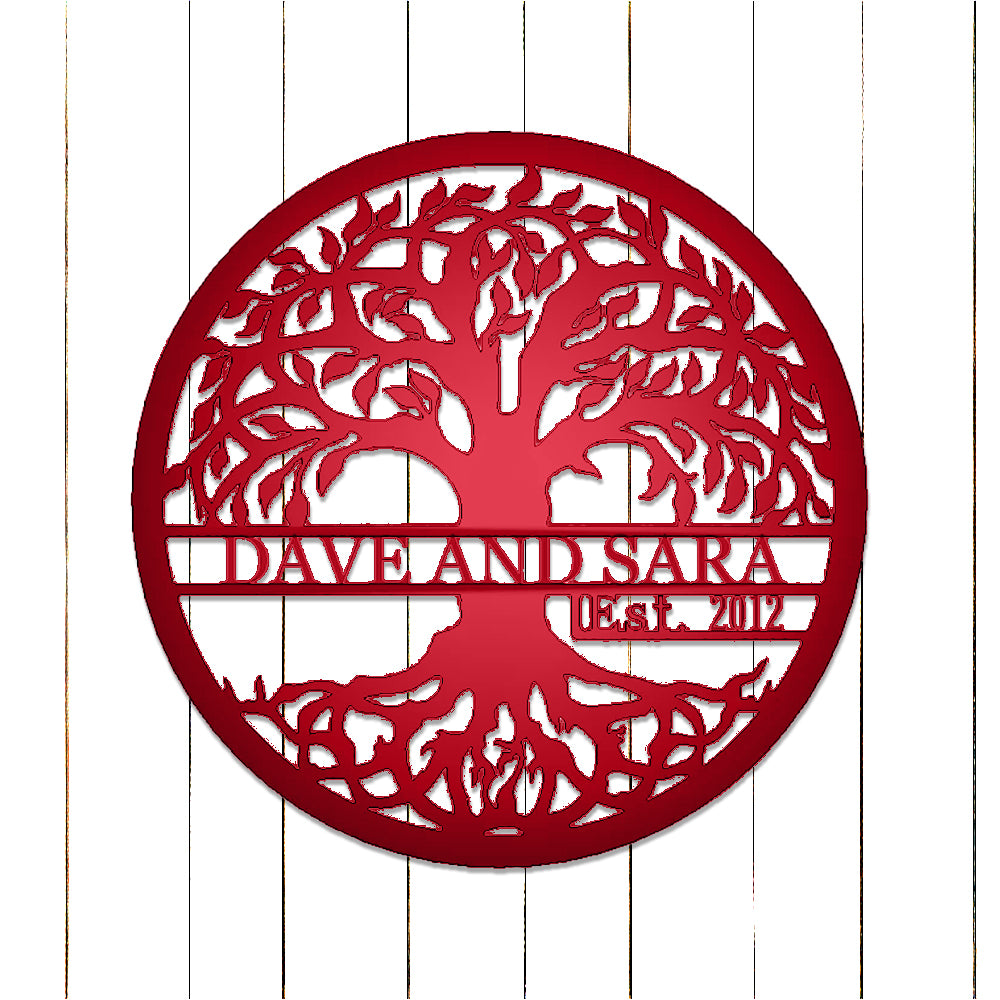 Tree of Life with Established Date Personalized Name Metal Sign Red with "DAVE AND SARA 2012" personalization on white batten background
