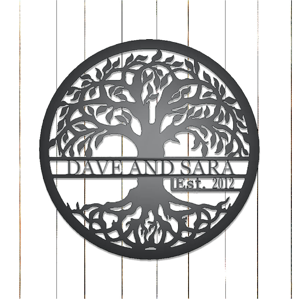 Tree of Life with Established Date Personalized Name Metal Sign Silver with "DAVE AND SARA 2012" personalization on white batten background