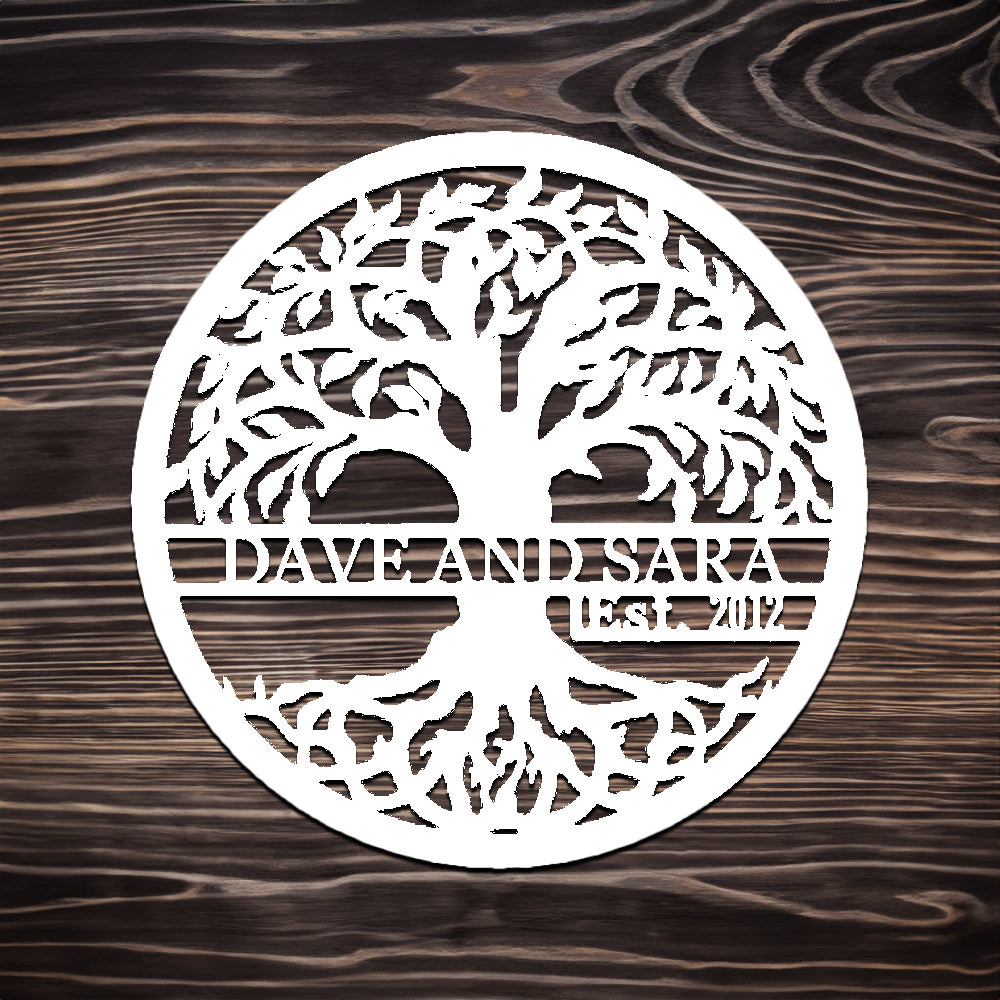 Tree of Life with Established Date Personalized Name Metal Sign White with "DAVE AND SARA 2012" personalization on dark wood background