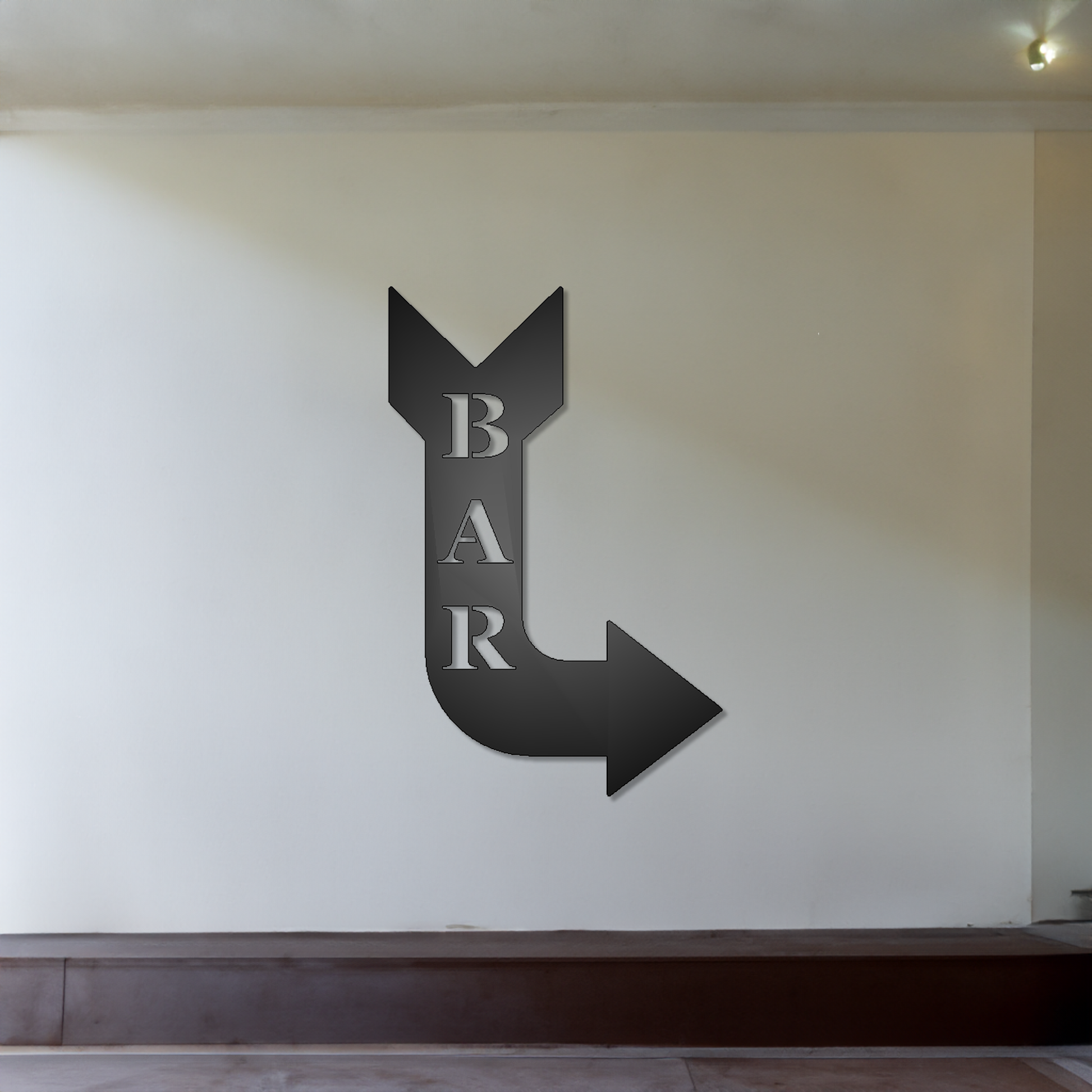 Bar Arrow Metal Sign Right Facing shown on a wall