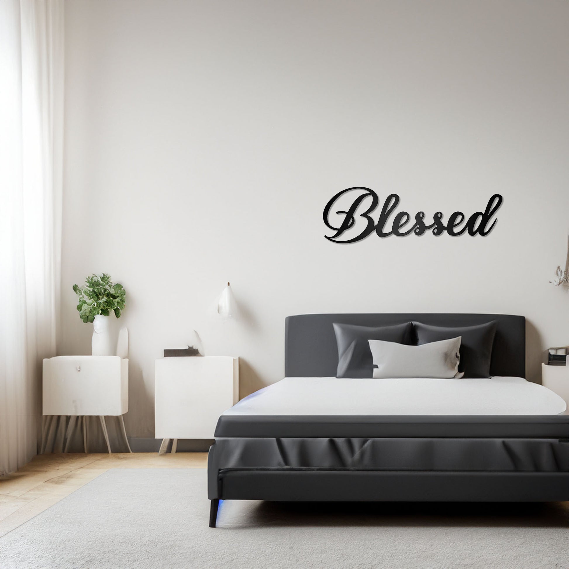Blessed Script Metal Sign on a wall above a bed in a bedroom