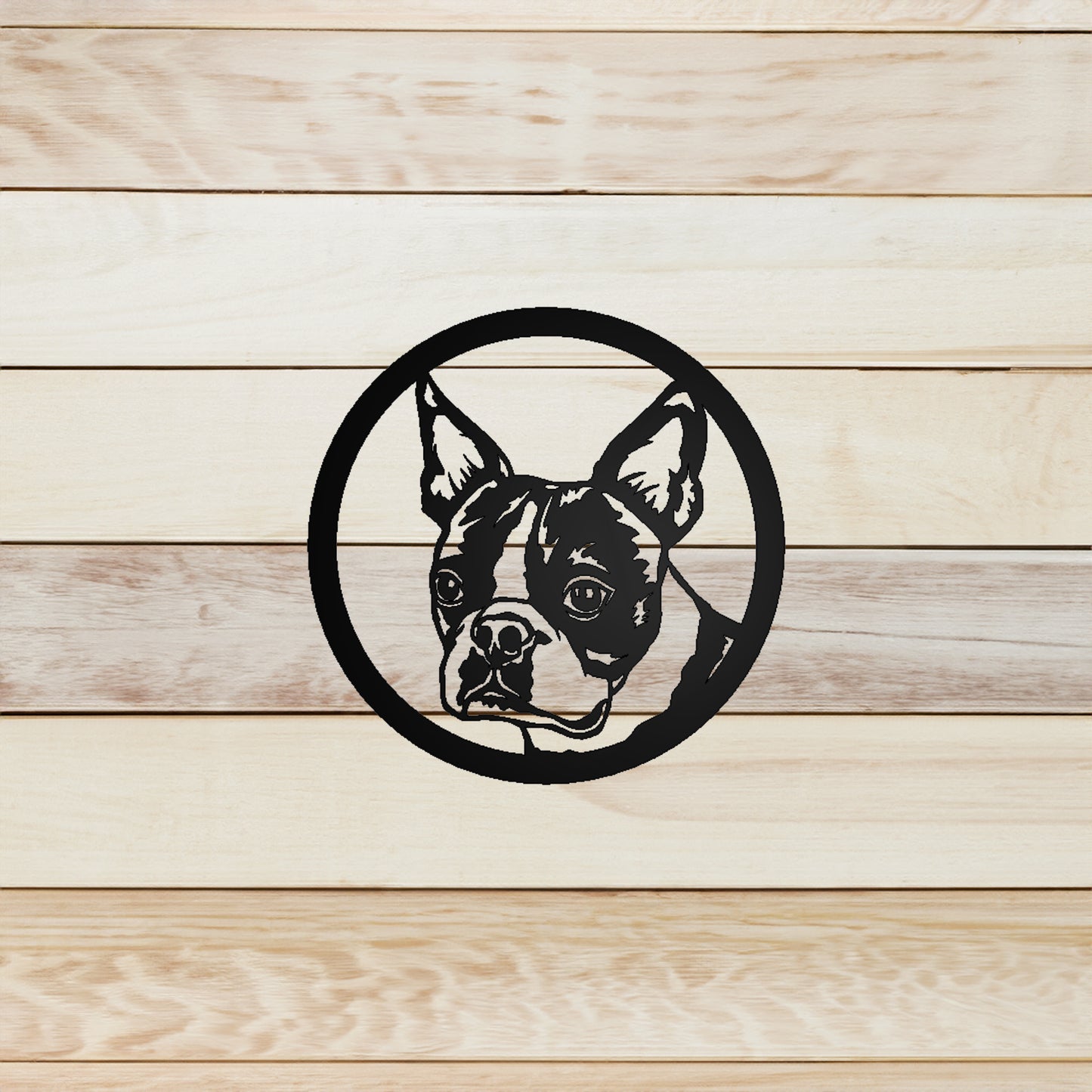 Boston Terrier Dog Silhouette Metal Sign on wood background