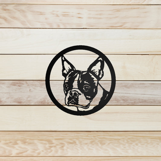 Boston Terrier Dog Silhouette Metal Sign on wood background