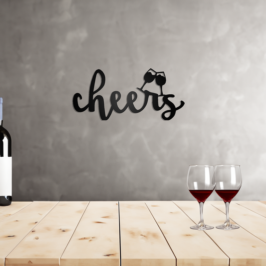 Cheers Script with Glasses Metal Sign on wall behind a wooden bar top with  wine and wine glasses