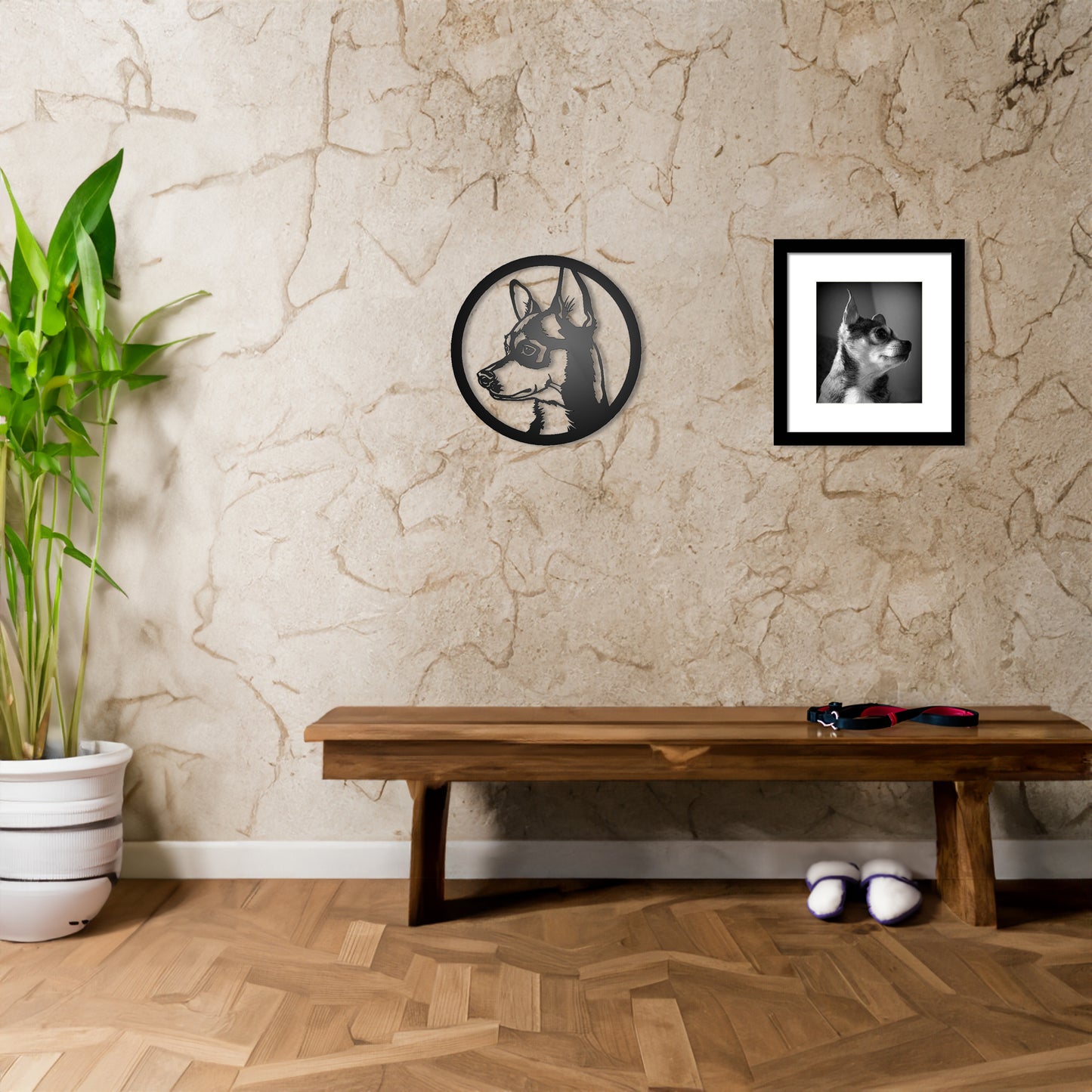 Chihuahua Dog Silhouette Metal Sign shown on a wall in a foyer