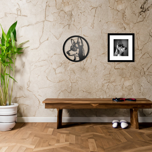 Chihuahua Dog Silhouette Metal Sign shown on a wall in a foyer