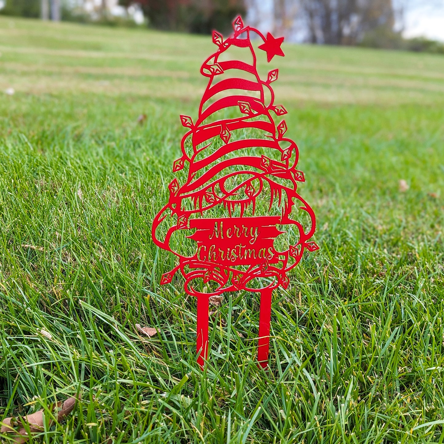 Christmas Gnome Metal Garden Sign red in grassy yard