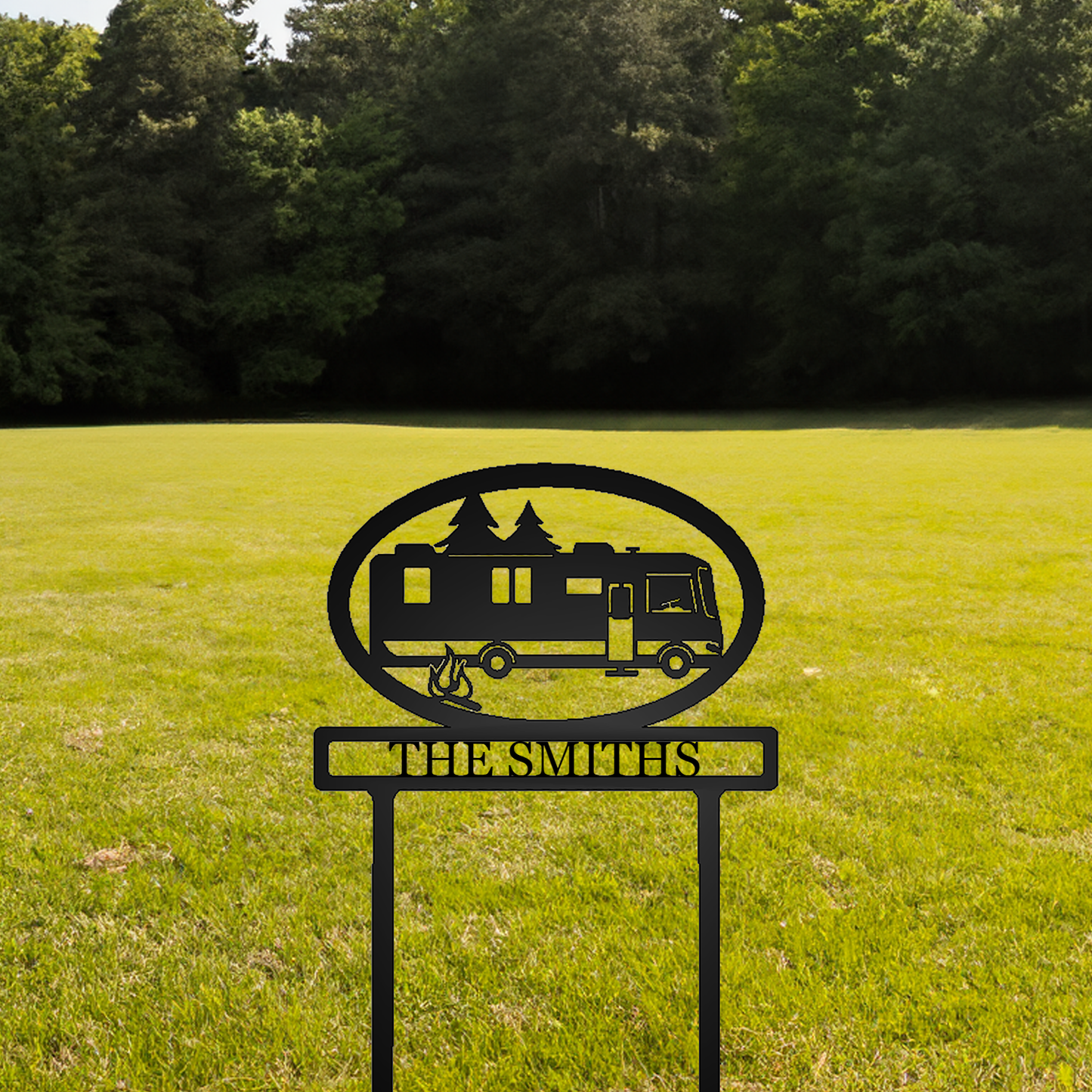 Class A RV Camper Personalized Metal Sign with "THE SMITHS" personalization in grassy field