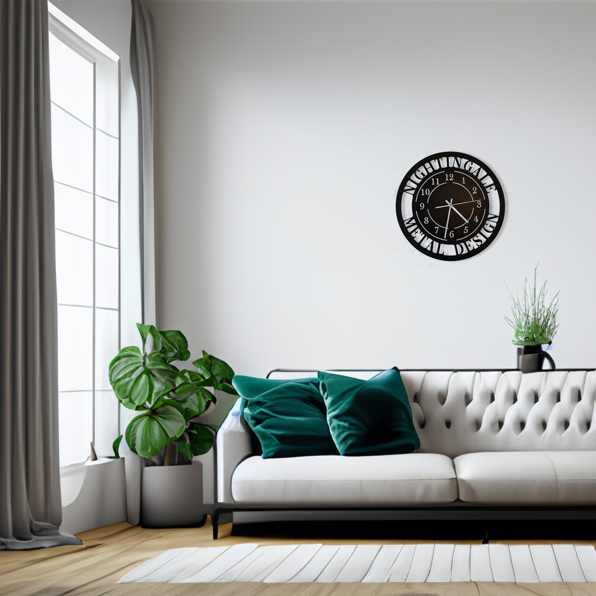 Modern Design Personalized Metal Wall Clock with "NIGHTINGALE METAL DESIGN" personalization shown on a wall in a living room