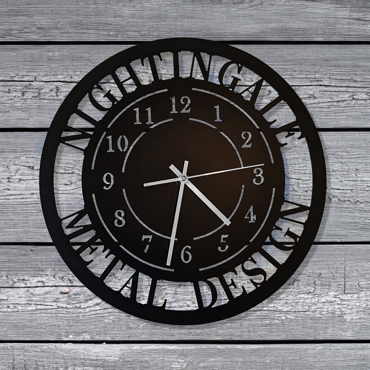Modern Design Personalized Metal Wall Clock with "NIGHTINGALE METAL DESIGN" personalization