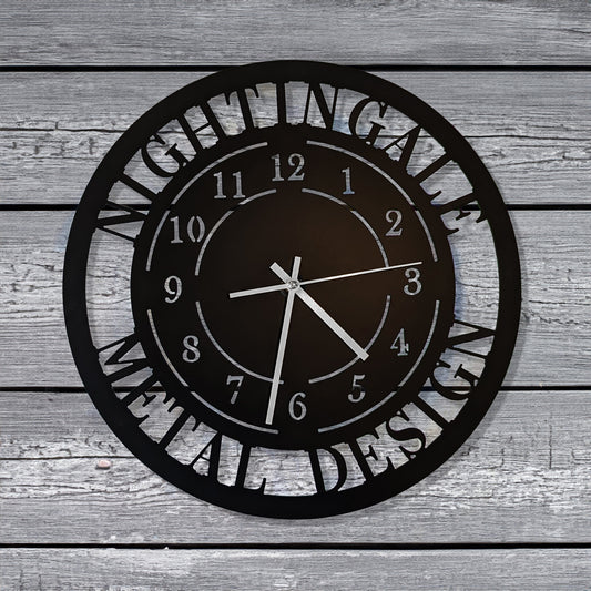 Modern Design Personalized Metal Wall Clock with "NIGHTINGALE METAL DESIGN" personalization