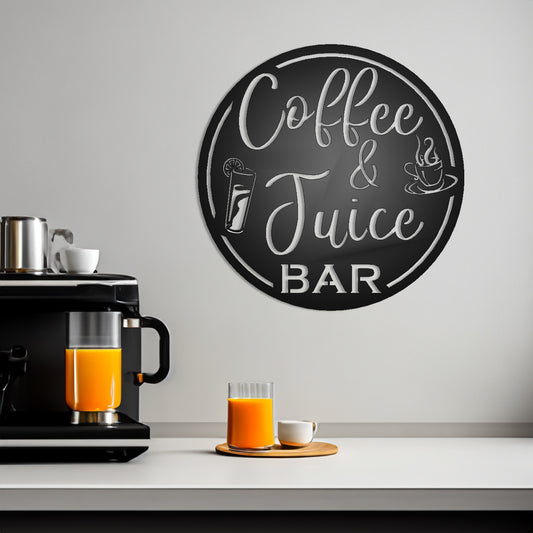 Coffee & Juice Bar Round Metal Wall Sign shown on a wall in a kitchen