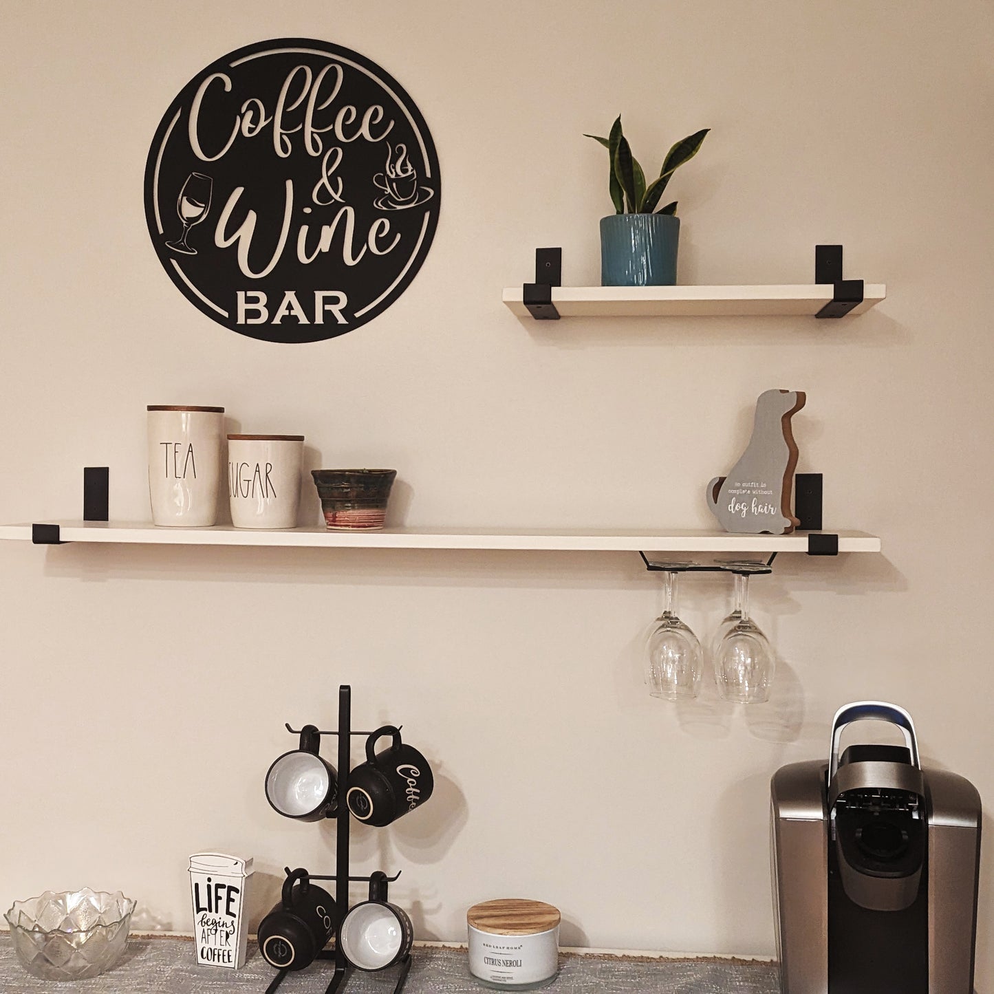 Coffee & Wine Bar Round Metal Wall Sign shown on a wall in a coffee bar area