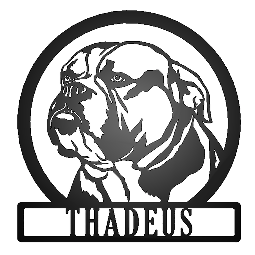 English Bulldog Silhouette with Personalized Name Metal Sign with "THADEUS" personalization