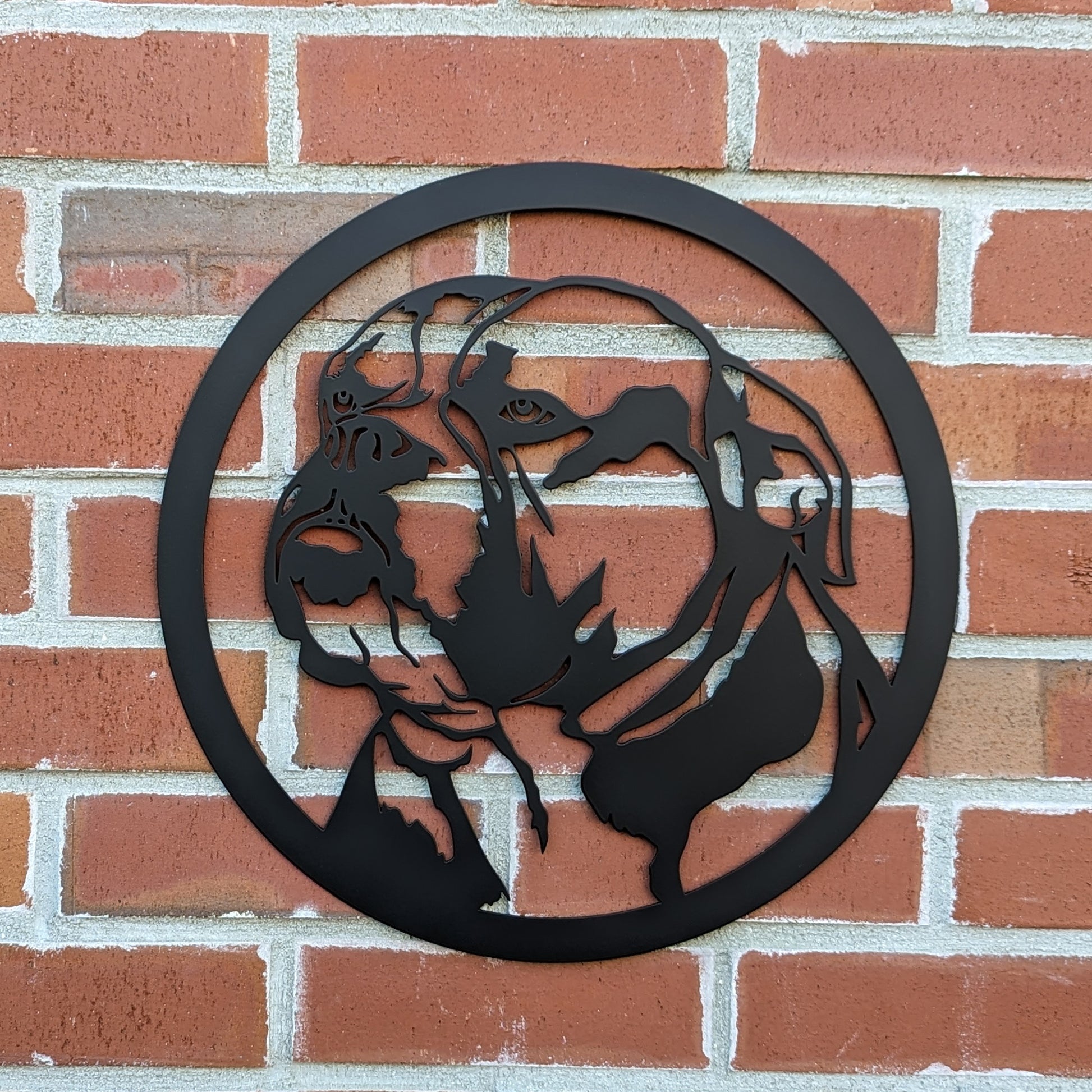English Bulldog Silhouette Metal Sign on brick wall background