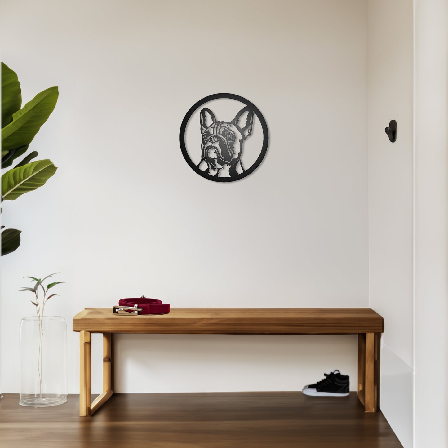 French Bulldog Silhouette Metal Sign shown on a wall in a foyer