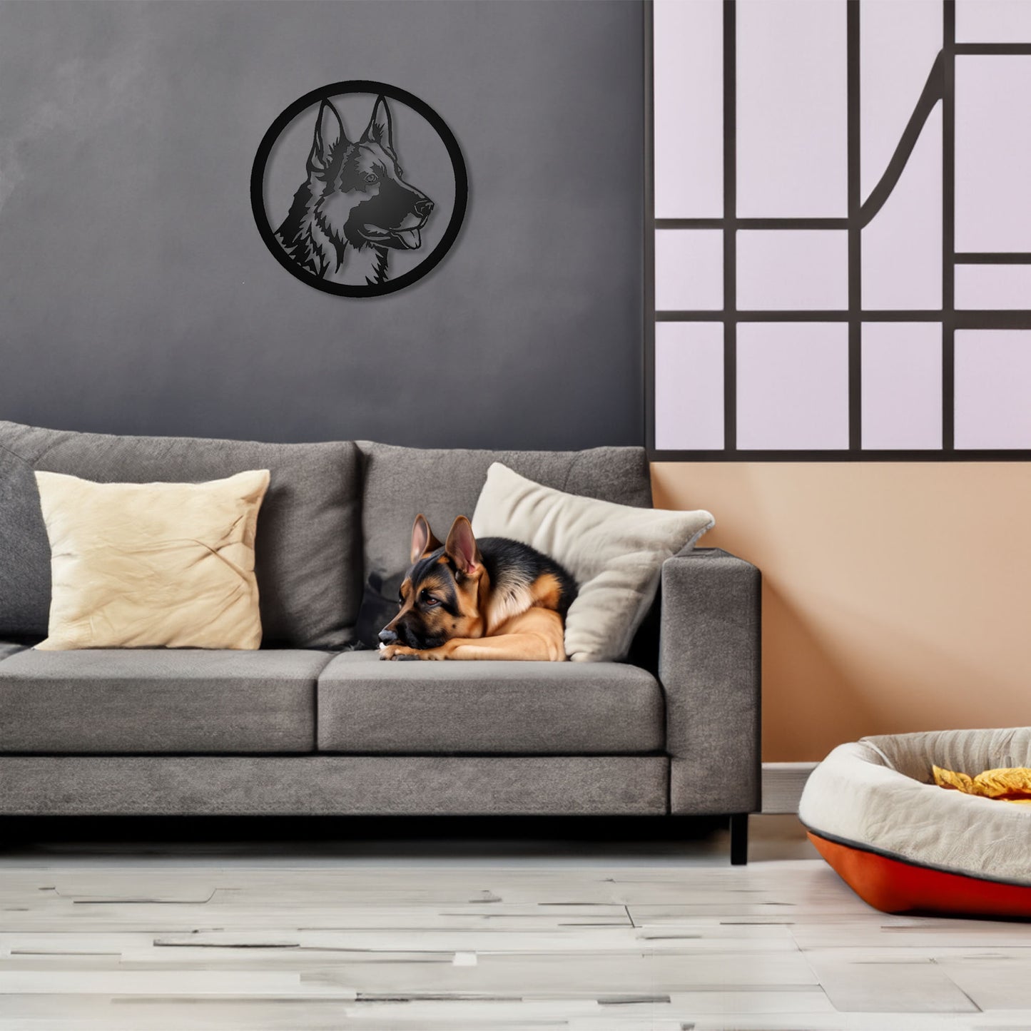German Shepherd Dog Silhouette Metal Sign shown on a wall in a modern living room