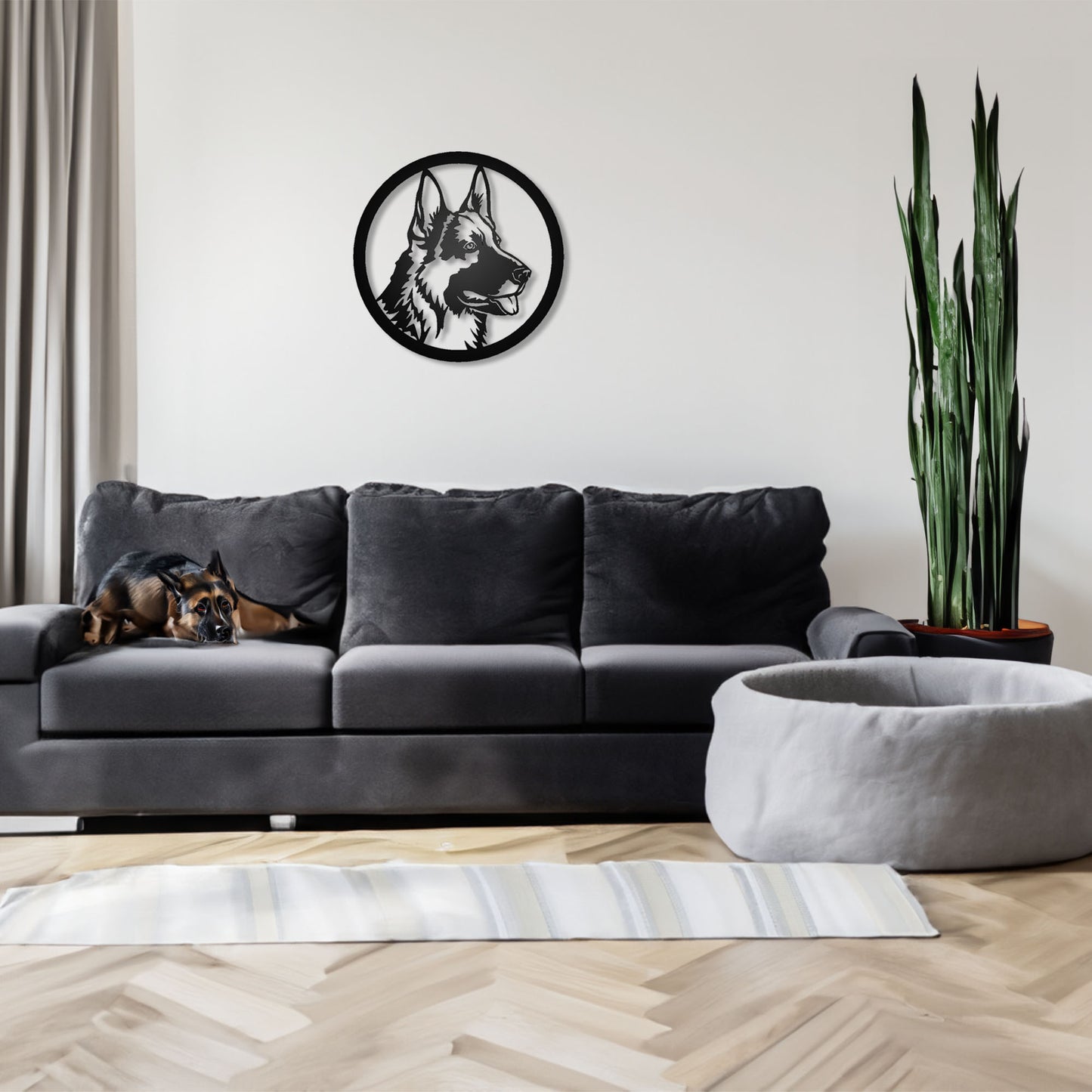 German Shepherd Dog Silhouette Metal Sign shown on a wall behind a couch in a living room