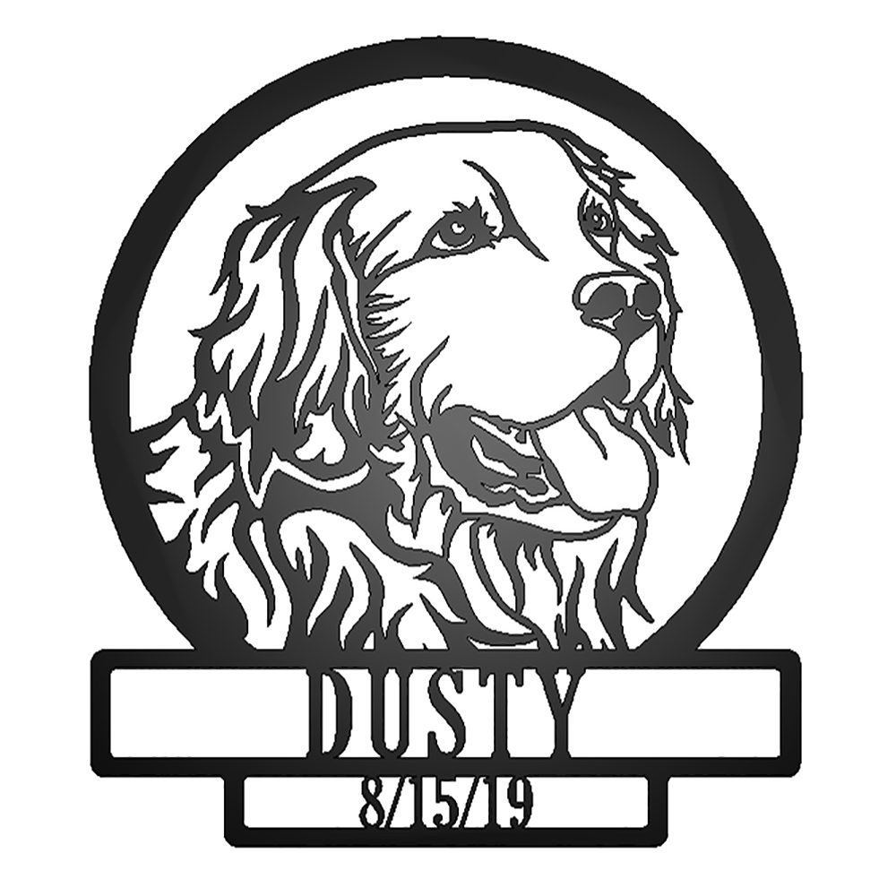 Golden Retriever Dog Silhouette with Personalized Name and Date Metal Sign with "DUSTY 8/15/19" personalization