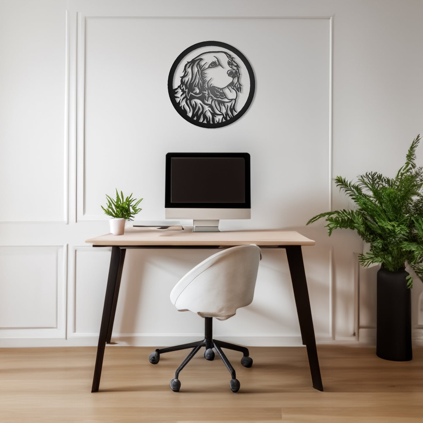Golden Retriever Dog Silhouette Metal Sign shown on a wall in a modern home office