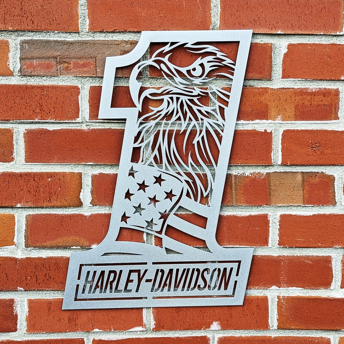 Harley Davidson 1 with Flag and Eagle silver on brick wall background