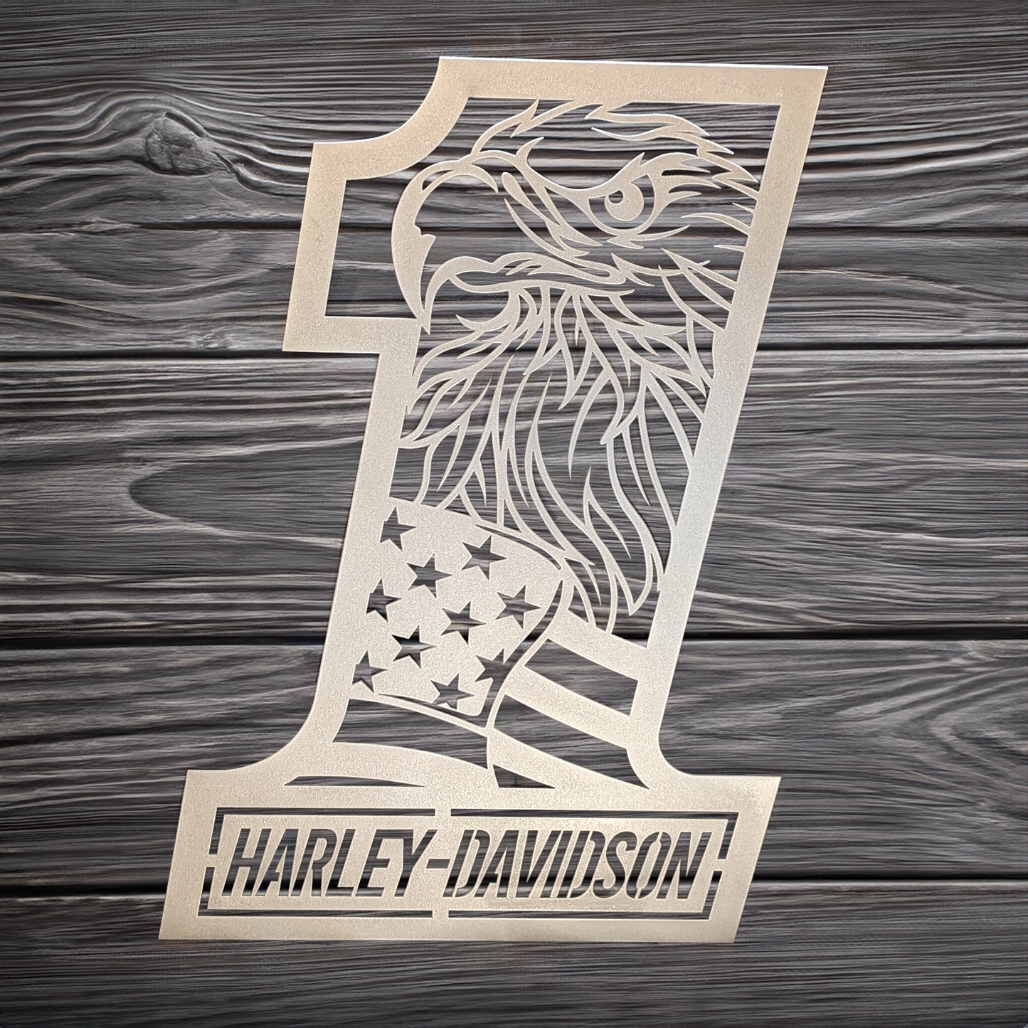 Harley Davidson 1 with Flag and Eagle silver on gray wood background